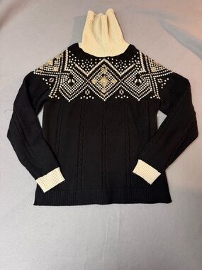 Black and Cream Nordic Cable-Knit Turtleneck Sweater